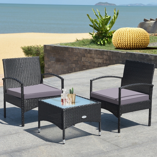 Ensemble de meubles de patio en osier de rotin 3 PCS de Costway avec table basse et 2 chaises en rotin avec coussin