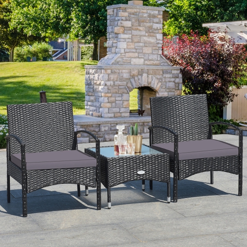Ensemble de meubles de patio en osier de rotin 3 PCS de Costway avec table basse et 2 chaises en rotin avec coussin