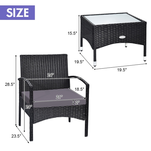 Ensemble de meubles de patio en osier de rotin 3 PCS de Costway avec table basse et 2 chaises en rotin avec coussin