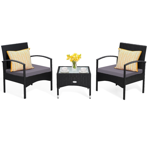 Ensemble de meubles de patio en osier de rotin 3 PCS de Costway avec table basse et 2 chaises en rotin avec coussin
