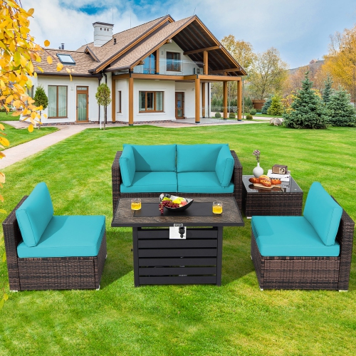 Costway 6PCS Patio Rattan Furniture Set 42" Fire Pit Table Cover Sofa Cushion Off White/Black/Navy/Red/Turquoise