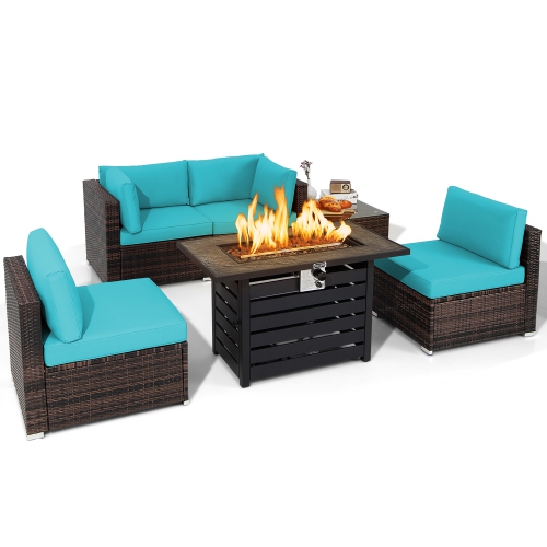 Costway 6PCS Patio Rattan Furniture Set 42" Fire Pit Table Cover Sofa Cushion Off White/Black/Navy/Red/Turquoise