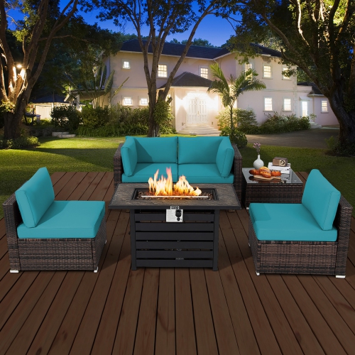 Costway 6PCS Patio Rattan Furniture Set 42" Fire Pit Table Cover Sofa Cushion Off White/Black/Navy/Red/Turquoise