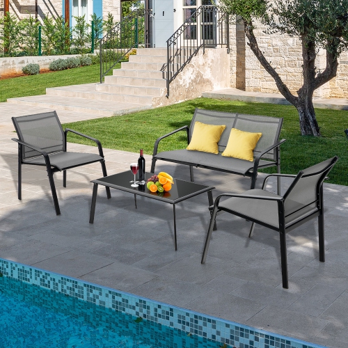 Costway 4 PCS Patio Furniture Set Loveseat Sofas Armrest Glass Table Deck