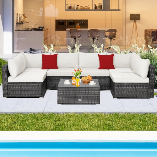 COSTWAY  7PCs Patio Rattan Furniture Set Sectional Sofa Cushioned Garden