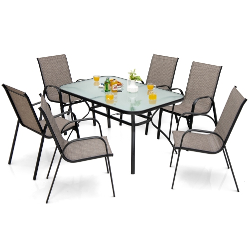 Costway 7PCS Patio Dining Set 6 Stackable Chairs Glass Table Umbrella Hole Yard