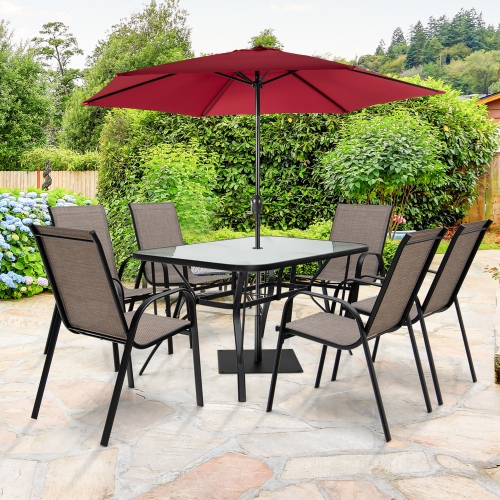 Costway 7PCS Patio Dining Set 6 Stackable Chairs Glass Table Umbrella Hole Yard