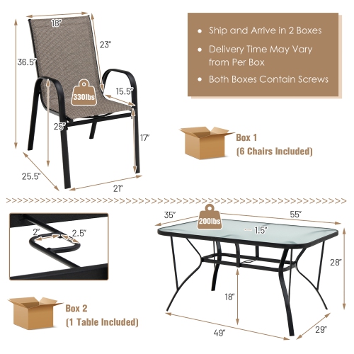 Costway 7PCS Patio Dining Set 6 Stackable Chairs Glass Table Umbrella Hole Yard