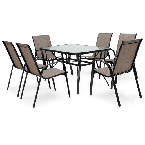 Costway 7PCS Patio Dining Set 6 Stackable Chairs Glass Table Umbrella Hole Yard