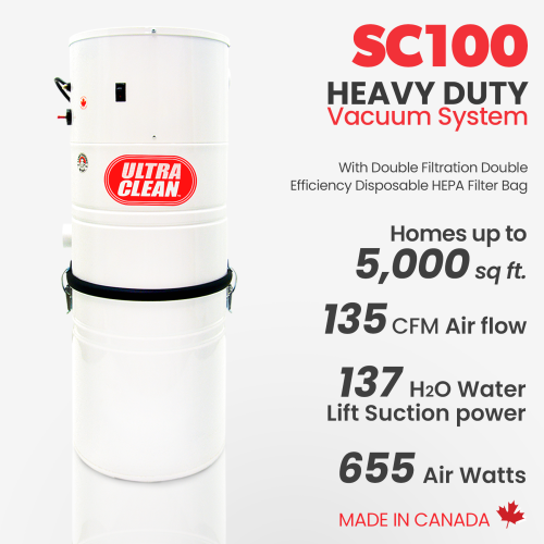 Ultra Clean SC100 Heavy Duty Powerful Central Vacuum System 655 AW All Steel Construction for up to 5,000 sq.ft. Homes – Made in Canada