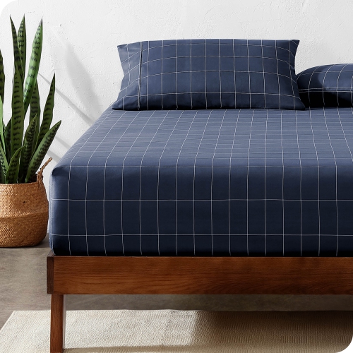 Drap-housse de base - microfibre anti-plis ultradouce 1800 - Hypoallergénique - Pochette profonde - quadrillé - minuit/blanc, grand lit