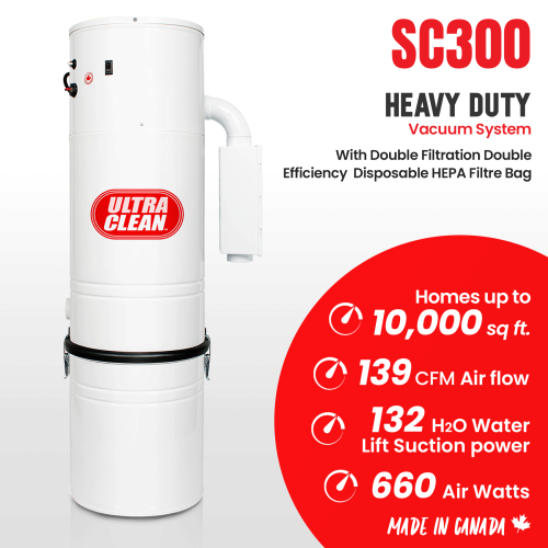 Unité d'alimentation pour système d'aspiration centrale ultra-puissant SC300 avec moteur de dérivation Tangentiel Ametek conçu au Canada pour les