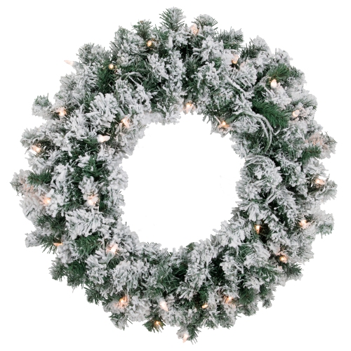 NORTHLIGHT  Pre-Lit Flocked Snow Artificial Christmas Wreath, 24-Inch, Clear Lights In White