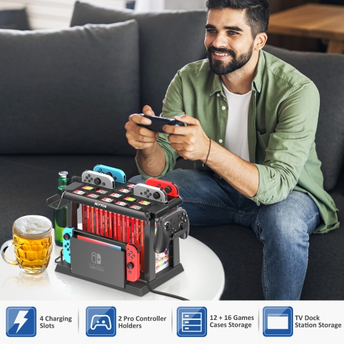 Station d’organisation de Switch Games avec chargeur de manette, station de recharge pour Nintendo Switch et manettes DELO Joy Con, Kytok Switch Stora