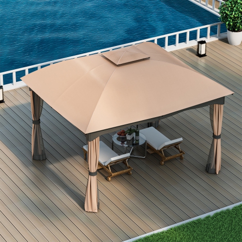 Gymax Patio 12' x 10' Canopy Heavy Duty Steel Gazebo Double Vented Outdoor Brown