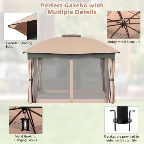 Gymax Patio 12' x 10' Canopy Heavy Duty Steel Gazebo Double Vented Outdoor Brown