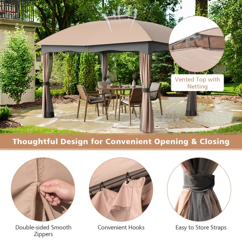 Gymax Patio 12' x 10' Canopy Heavy Duty Steel Gazebo Double Vented Outdoor Brown