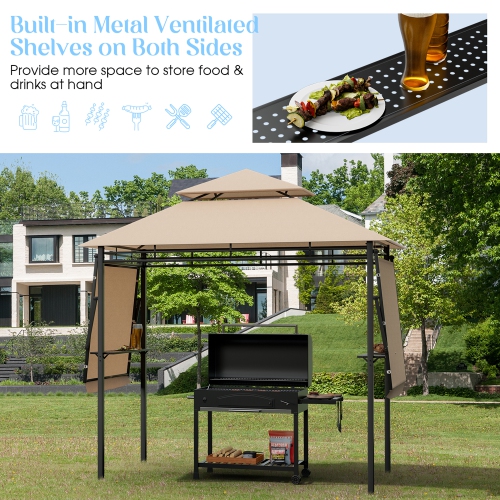 Gymax 13.5' x 4' Patio BBQ Grill Gazebo Side Awnings Shelves 2-Tier Canopy Outdoor