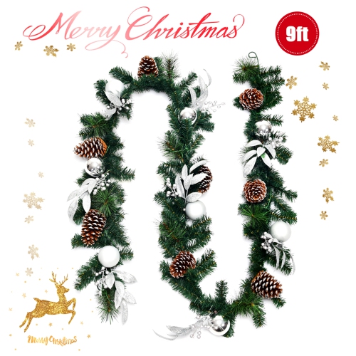 GYMAX  9Ft Pre-Lit Christmas Decoration Garland Rattan W/ 50 Led Lights Timer