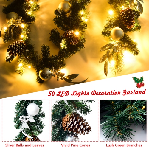 Gymax 9FT Pre-lit Christmas Decoration Garland Rattan w/ 50 LED Lights Timer
