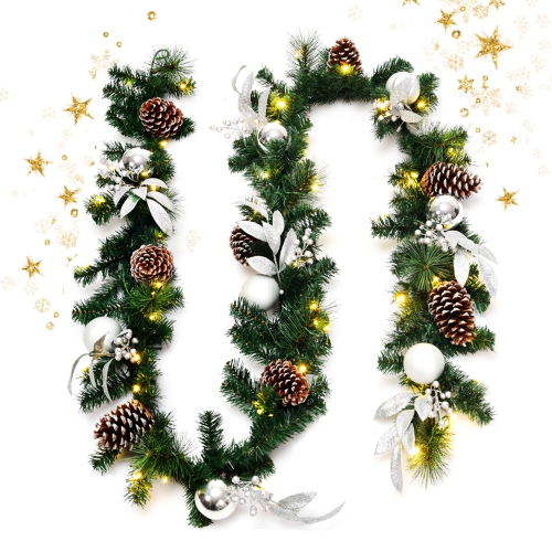 Gymax 9FT Pre-lit Christmas Decoration Garland Rattan w/ 50 LED Lights Timer