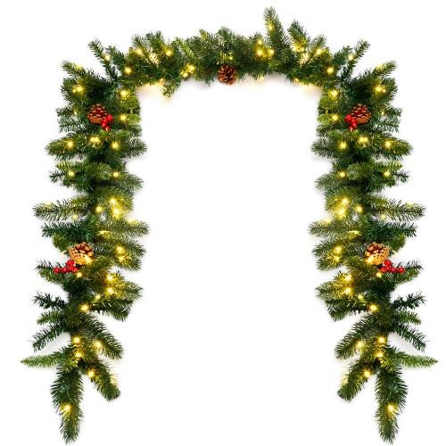 GYMAX  9Ft Pre-Lit Christmas Decoration Garland Indoor Outdoor W/ Led Lights Timer