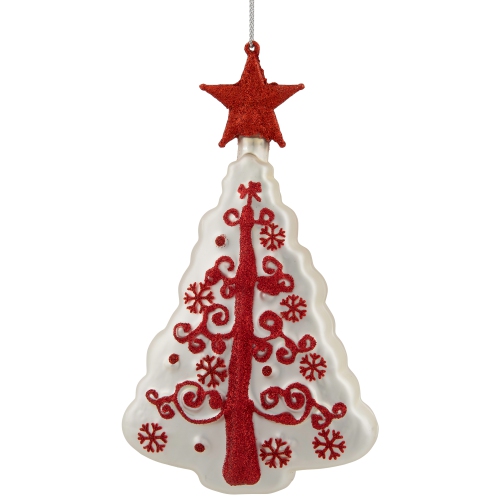 6" White and Red Christmas Tree Glass Ornament