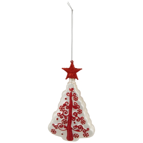 6" White and Red Christmas Tree Glass Ornament