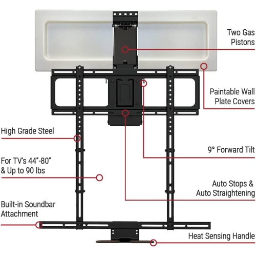 MantelMount MM540 Above Fireplace Pull Down TV Mount - with Patented Heat-Sensor Handles, soundbar Attac