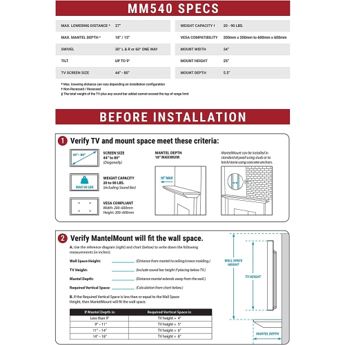 MantelMount MM540 Above Fireplace Pull Down TV Mount - with Patented Heat-Sensor Handles, soundbar Attac