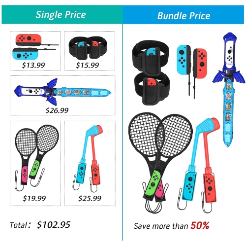 VoSinrly Switch Sports Accessories Bundle, 9 in 1 Family Sport Kit for Switch & Switch OLED: Mario Golf Clubs, Skyward Sword