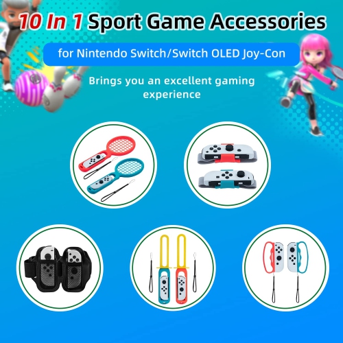 Mcbazel Switch Sport Accessories Bundle, 10 in 1 Kit for Switch/Switch OLED Sports Games with Tennis Badminton Rackets, Swor