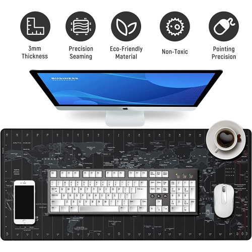 A Extended Speed Gaming Mouse Pad Large Size 35.4 X 15.7X 0.12inches Desk Mat Mousepad with Personalized Design - Black World Map