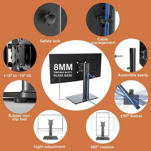 Single LCD Computer Monitor Free-Standing Desk Stand Riser for 13 inch to 32 inch Screen with Swivel, Height Adjustable, Rotation, Holds One Screen