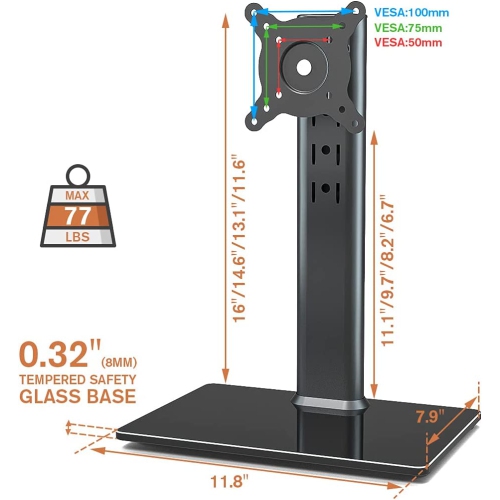Single LCD Computer Monitor Free-Standing Desk Stand Riser for 13 inch to 32 inch Screen with Swivel, Height Adjustable, Rotation, Holds One Screen