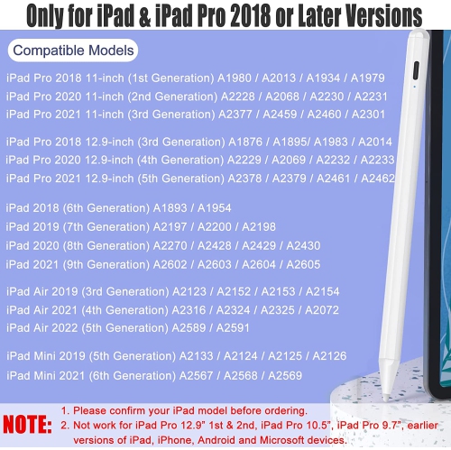 Stylus Pen for iPad with Palm Rejection, Active Pencil Compatible with Apple iPad Pro 11/12.9 Inch, iPad 10.2 7th/8th/9th Generation, iPad 6th, iPad