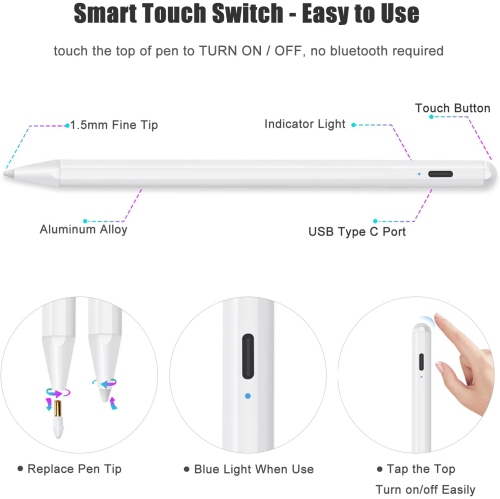 Stylus Pen for iPad with Palm Rejection, Active Pencil Compatible with Apple iPad Pro 11/12.9 Inch, iPad 10.2 7th/8th/9th Generation, iPad 6th, iPad