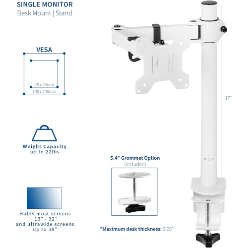 V Premium Aluminum Heavy Duty Monitor Arm for Ultrawide Monitors up to 49 inches and 33 lbs, Single Desk Mount Stand, Pneumatic Height, Max VESA
