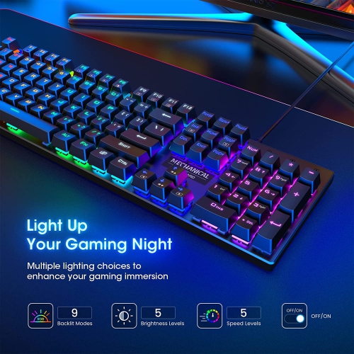 Mechanical Gaming Keyboard,RGB 104 Keys Ultra-Slim Rainbow LED Backlit USB Wired Keyboard with Blue Switches,Durable ABS