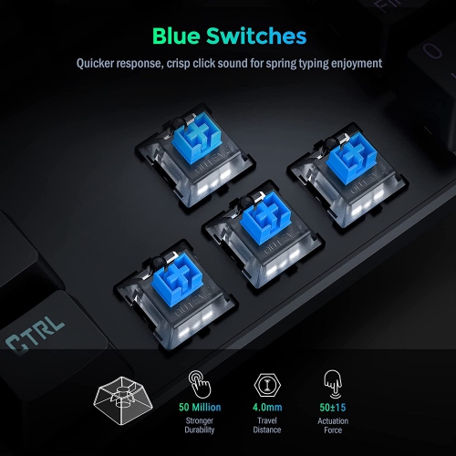 Mechanical Gaming Keyboard,RGB 104 Keys Ultra-Slim Rainbow LED Backlit USB Wired Keyboard with Blue Switches,Durable ABS