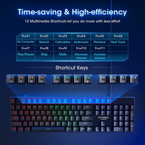 Mechanical Gaming Keyboard,RGB 104 Keys Ultra-Slim Rainbow LED Backlit USB Wired Keyboard with Blue Switches,Durable ABS