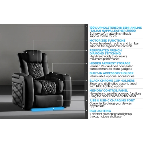 Valencia Tuscany Ultimate Recliner Home Theater Seating | Premium Italian Nappa Leather 20000, Power Lumbar & Power Headrest, RGB Lighting