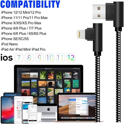 Lightning Cable 10ft iPhone Charger Cable 3PACK 90 Degree Right Angle Nylon Braided Gaming Charging Cord Compatible with iPhone 14 13 12 11 X 8 7 6