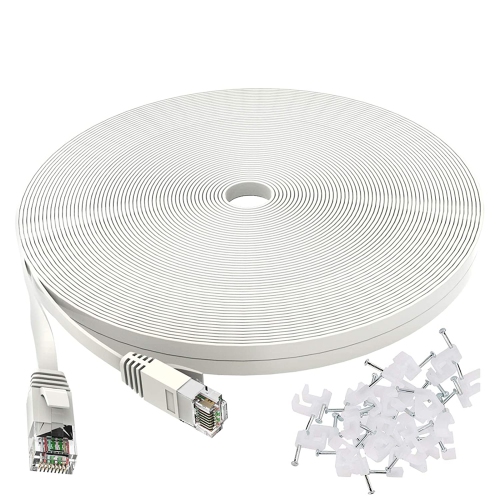 Cat 6 Ethernet Cable 100 ft Flat White, Slim Long Internet Network Lan patch cords, Solid Cat6 High Speed Computer wire with clips & Rj45 Connectors