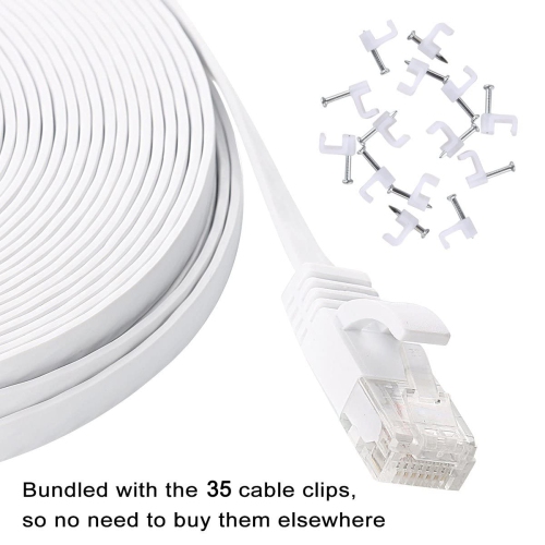 Cat 6 Ethernet Cable 100 ft Flat White, Slim Long Internet Network Lan patch cords, Solid Cat6 High Speed Computer wire with clips & Rj45 Connectors