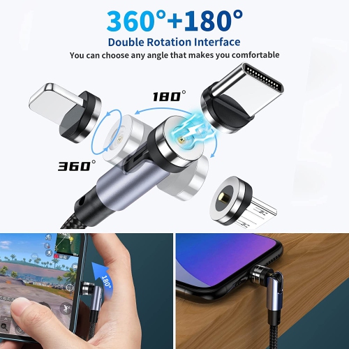 H 540° Rotation Magnetic Charging Cable, 3 in 1 Magnetic Phone Charger with LED Light Compatible with Micro USB, Type C and iProduct Device Black Nyl