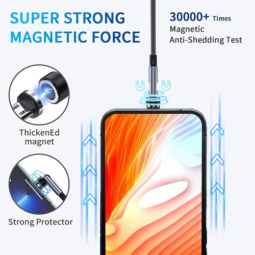 H 540° Rotation Magnetic Charging Cable, 3 in 1 Magnetic Phone Charger with LED Light Compatible with Micro USB, Type C and iProduct Device Black Nyl