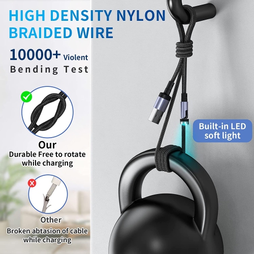 H 540° Rotation Magnetic Charging Cable, 3 in 1 Magnetic Phone Charger with LED Light Compatible with Micro USB, Type C and iProduct Device Black Nyl