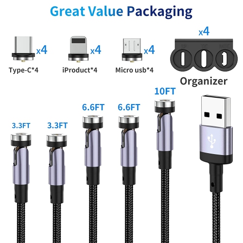 H 540° Rotation Magnetic Charging Cable, 3 in 1 Magnetic Phone Charger with LED Light Compatible with Micro USB, Type C and iProduct Device Black Nyl