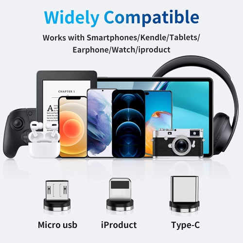 H 540° Rotation Magnetic Charging Cable, 3 in 1 Magnetic Phone Charger with LED Light Compatible with Micro USB, Type C and iProduct Device Black Nyl